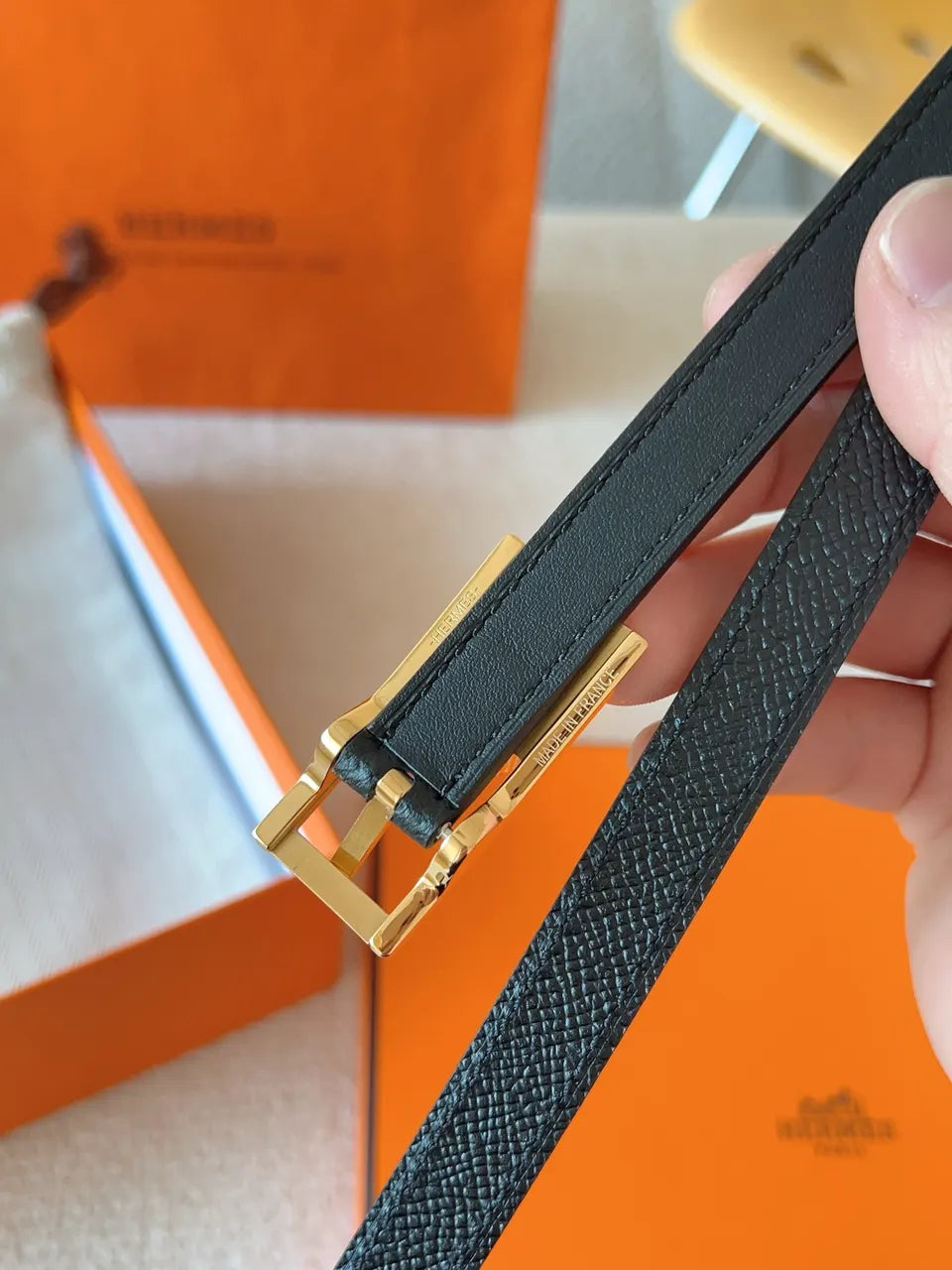 gold Hermes Black Leather Bracelet - Hình 8