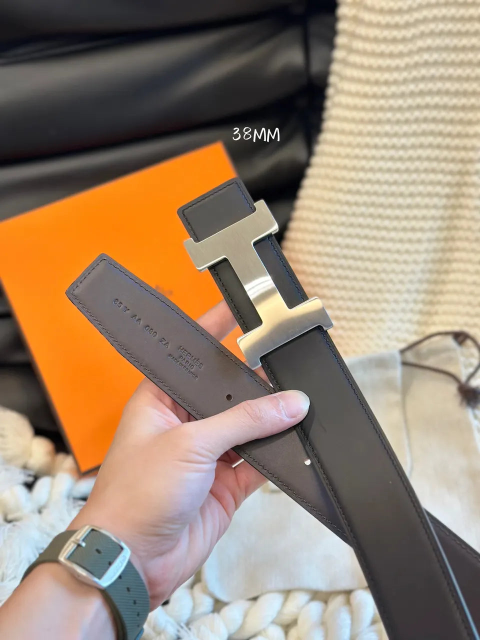 silver constance Hermes Matte Black Leather Belt - Hình 4