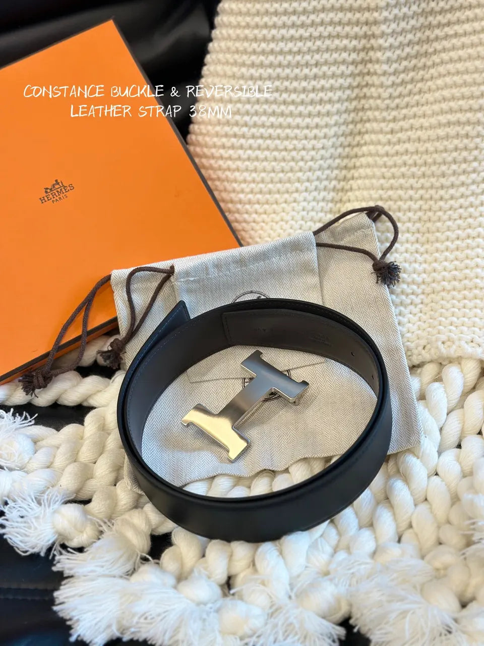 silver constance Hermes Matte Black Leather Belt - Hình 3