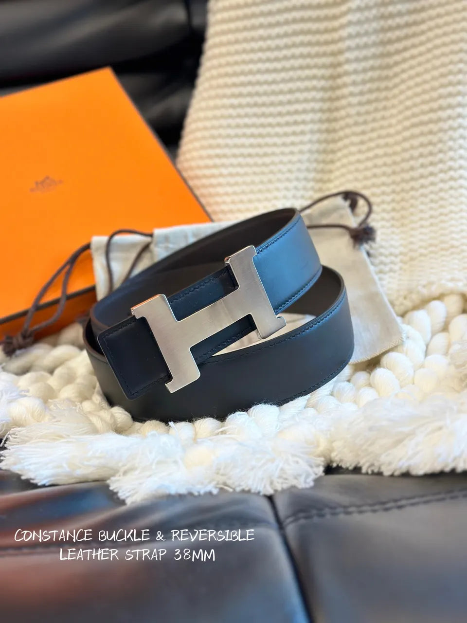 silver constance Hermes Matte Black Leather Belt - Hình 2