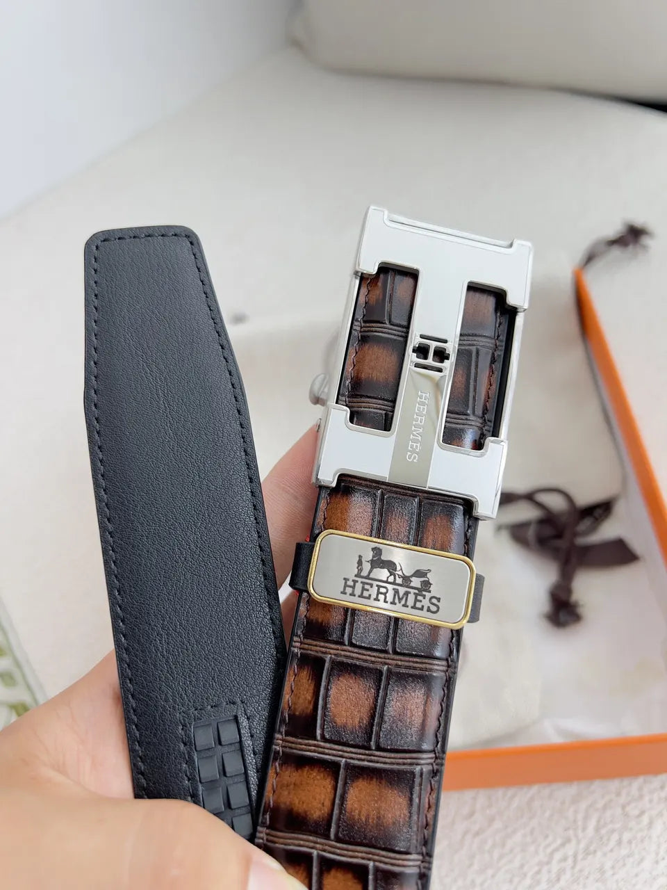 silver Hermes Brown Alligator Belt - Hình 3
