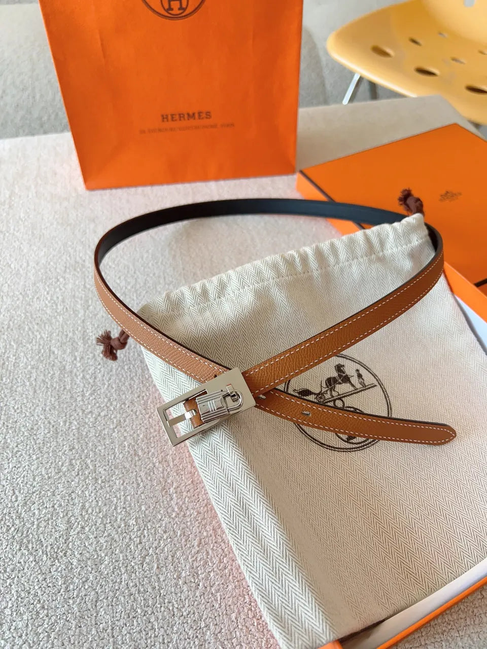 Hermes Gold Leather Padlock Belt - Hình 5
