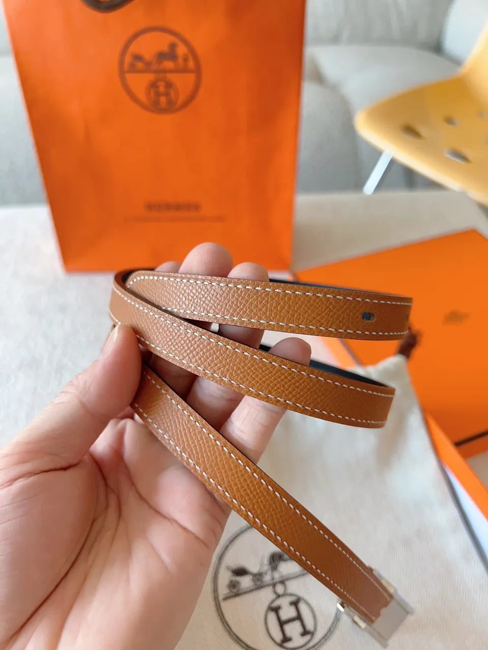 Hermes Gold Leather Padlock Belt - Hình 9