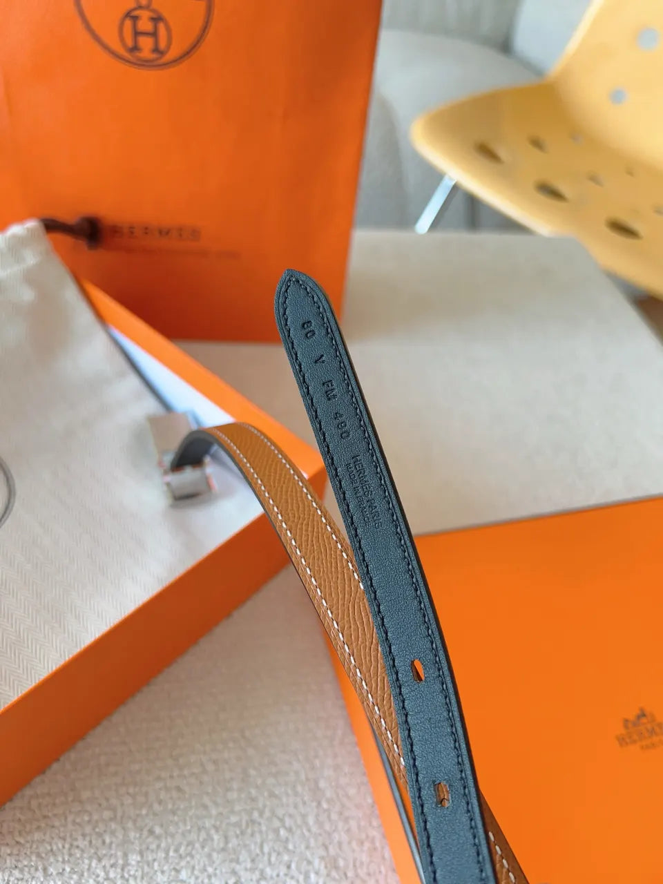 Hermes Gold Leather Padlock Belt - Hình 7