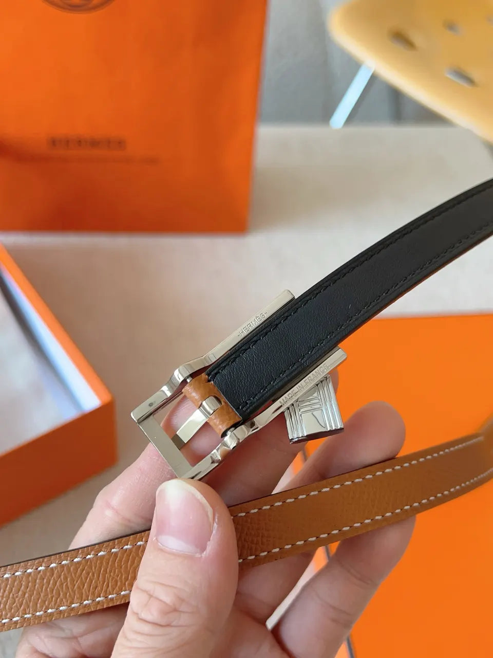 Hermes Gold Leather Padlock Belt - Hình 8