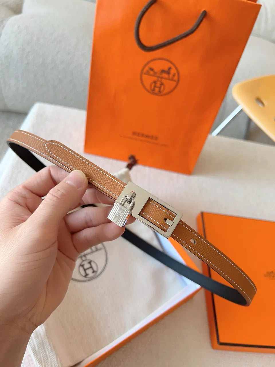 Hermes Gold Leather Padlock Belt - Hình 3