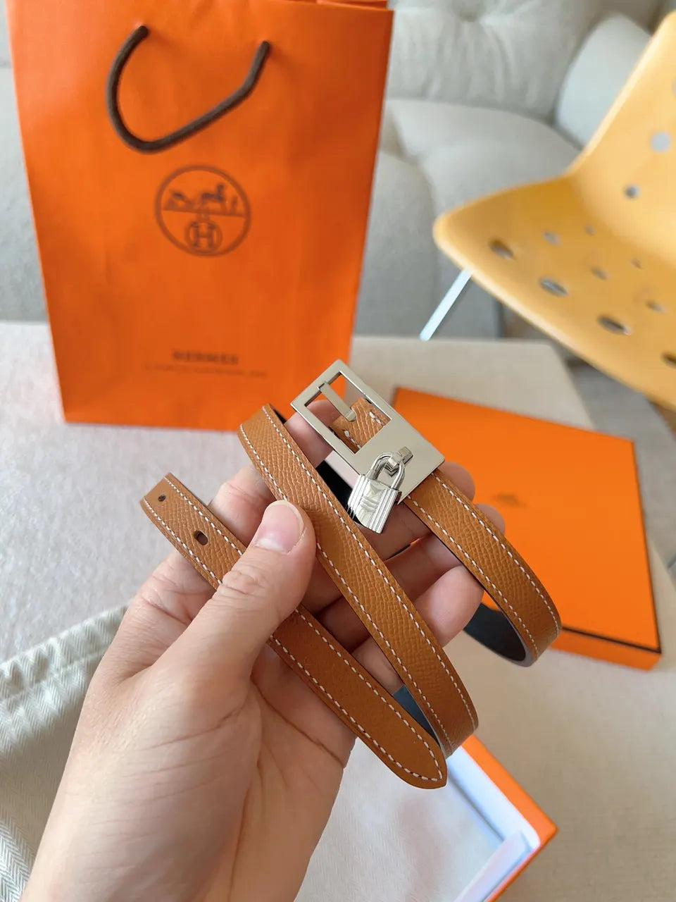 Hermes Gold Leather Padlock Belt