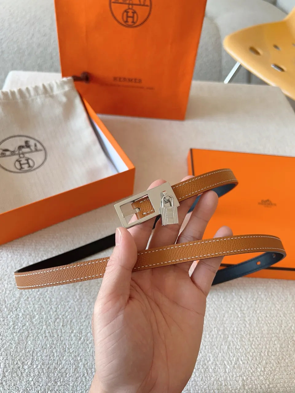 Hermes Gold Leather Padlock Belt - Hình 2