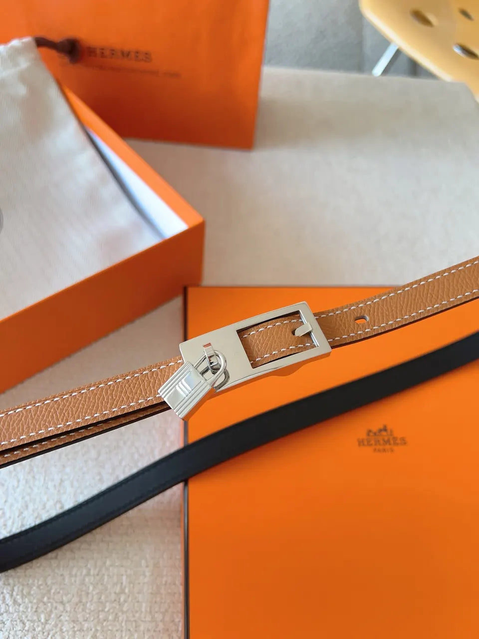 Hermes Gold Leather Padlock Belt - Hình 4