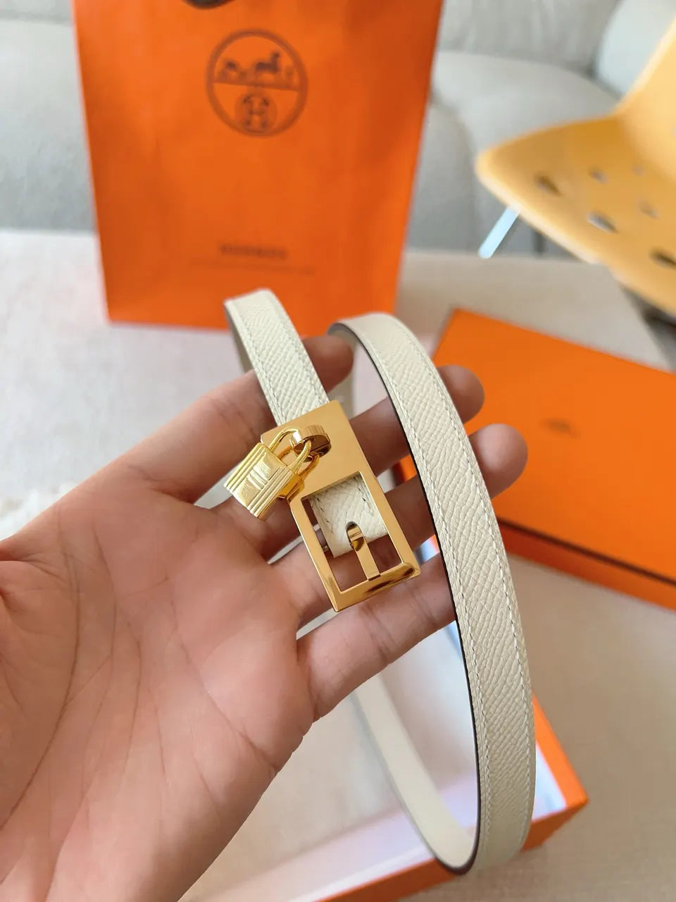 Hermes Ecru Leather Belt - Hình 5