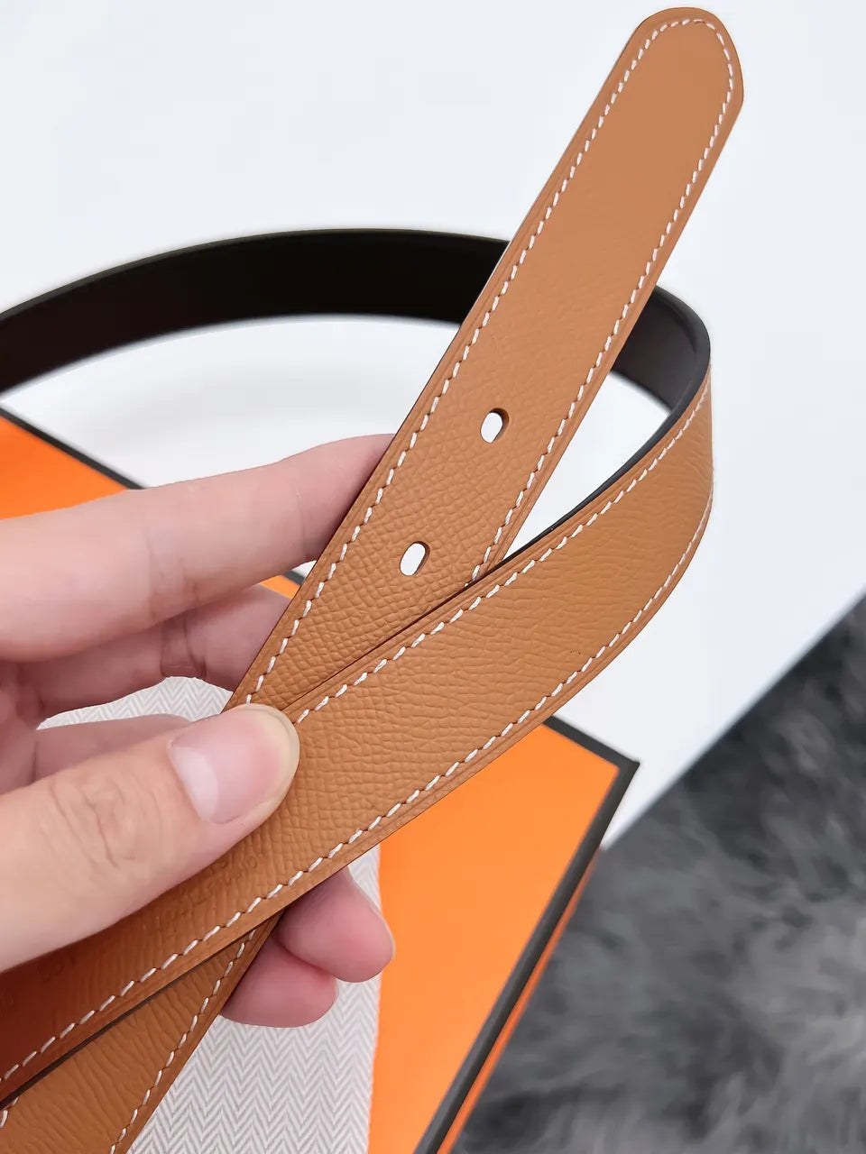 plated Hermes Gold Brown Leather Belt - Hình 4