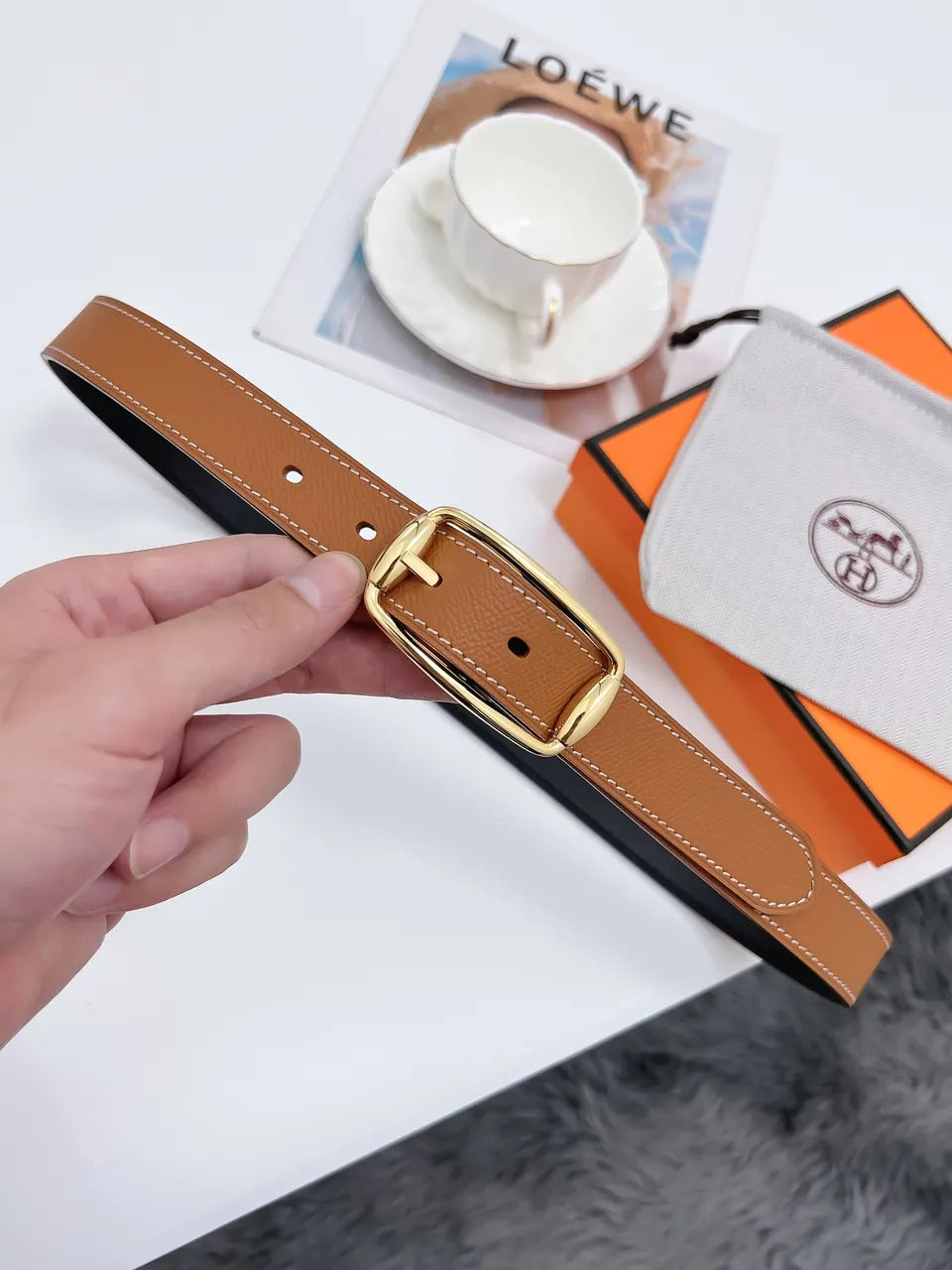 plated Hermes Gold Brown Leather Belt - Hình 6