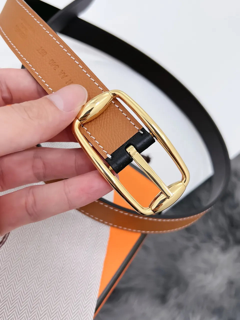 plated Hermes Gold Brown Leather Belt - Hình 2