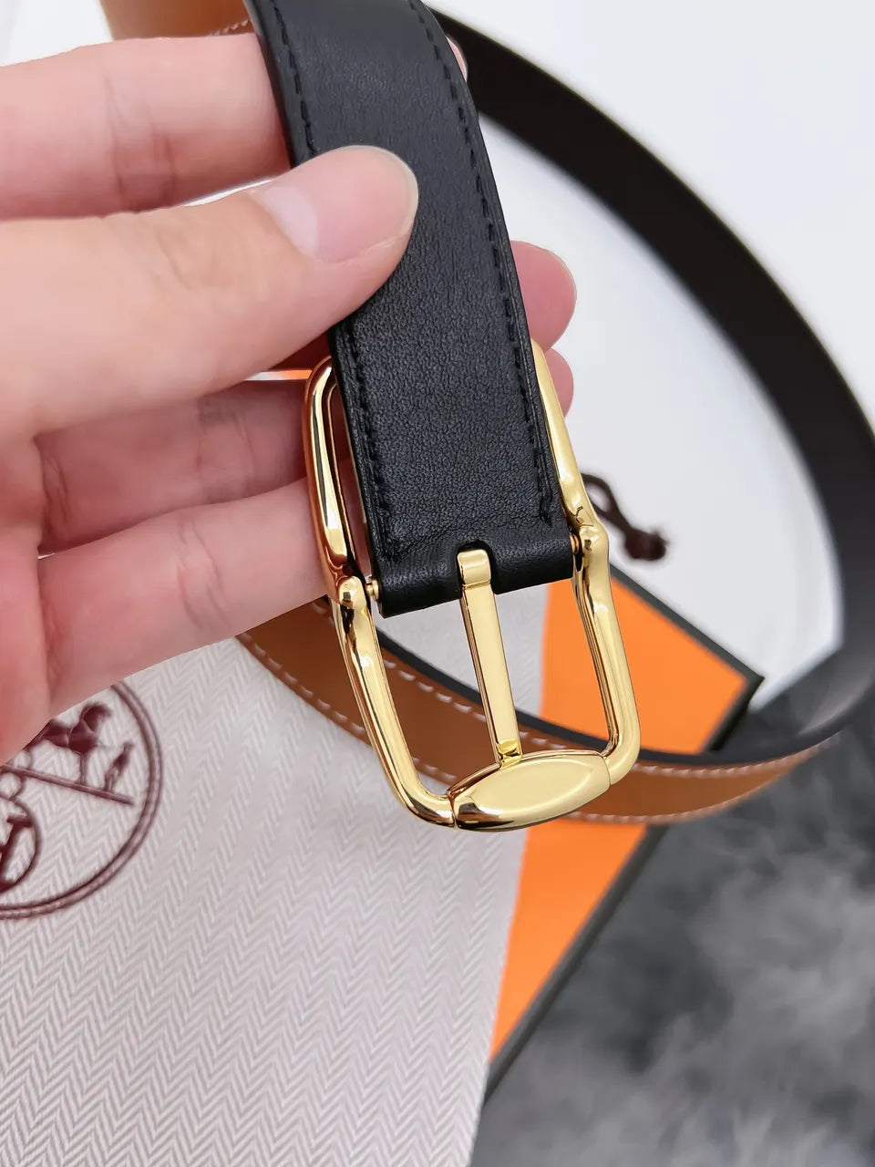 plated Hermes Gold Brown Leather Belt - Hình 3