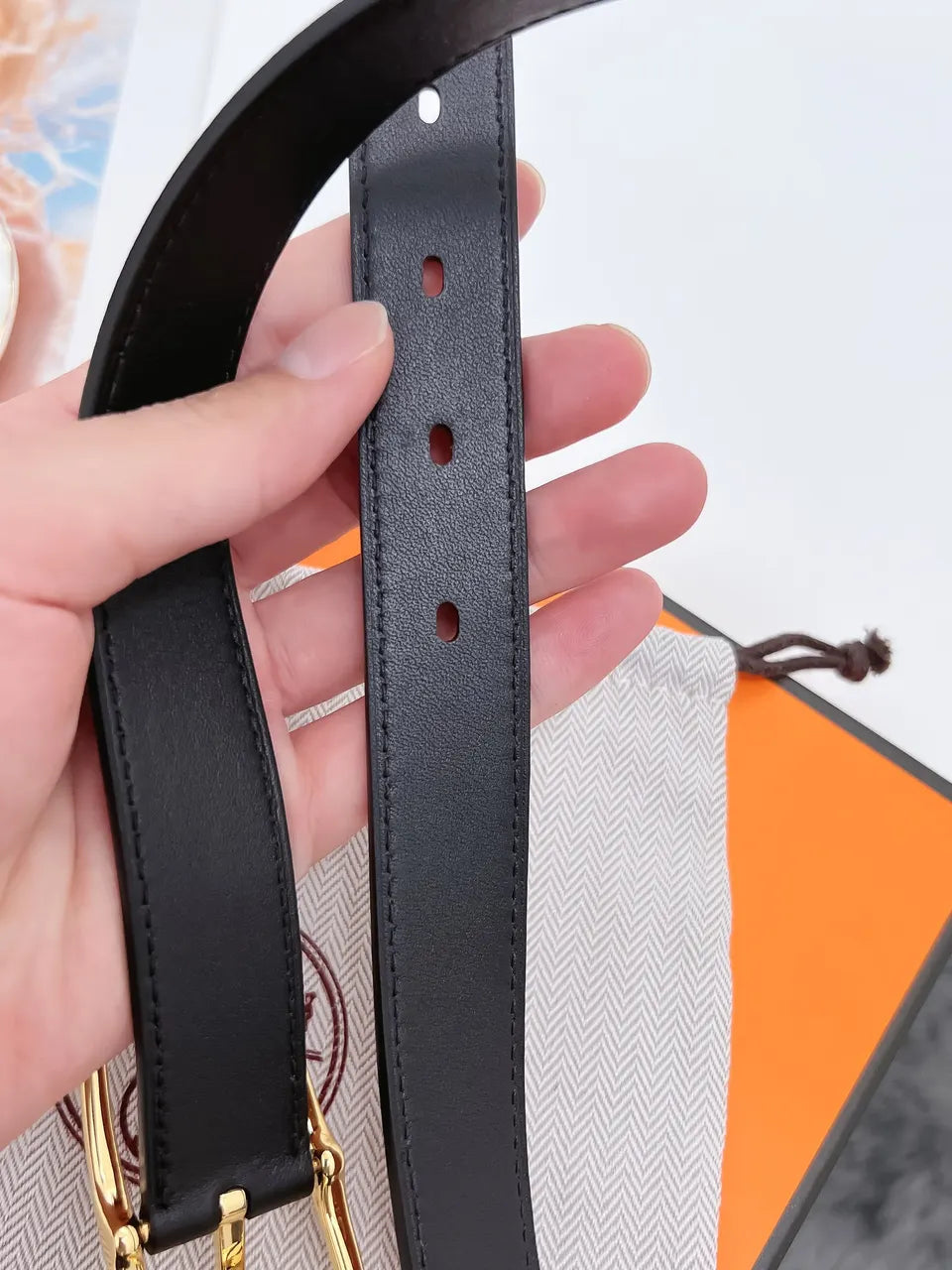 plated Hermes Gold Brown Leather Belt - Hình 5