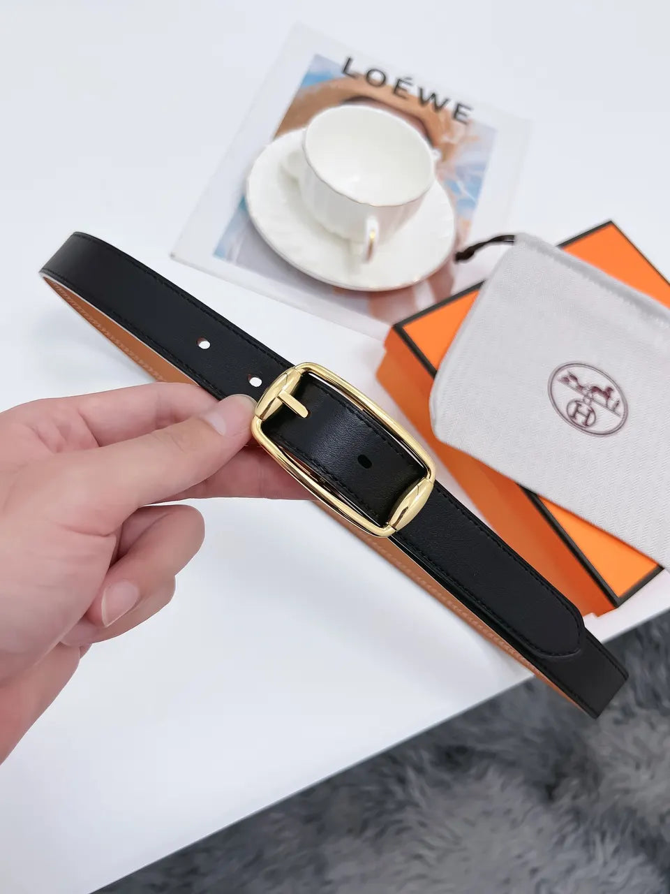 plated Hermes Gold Brown Leather Belt - Hình 7