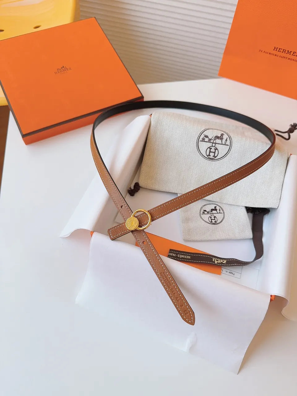 Hermes Gold Brown Leather Belt - Hình 6