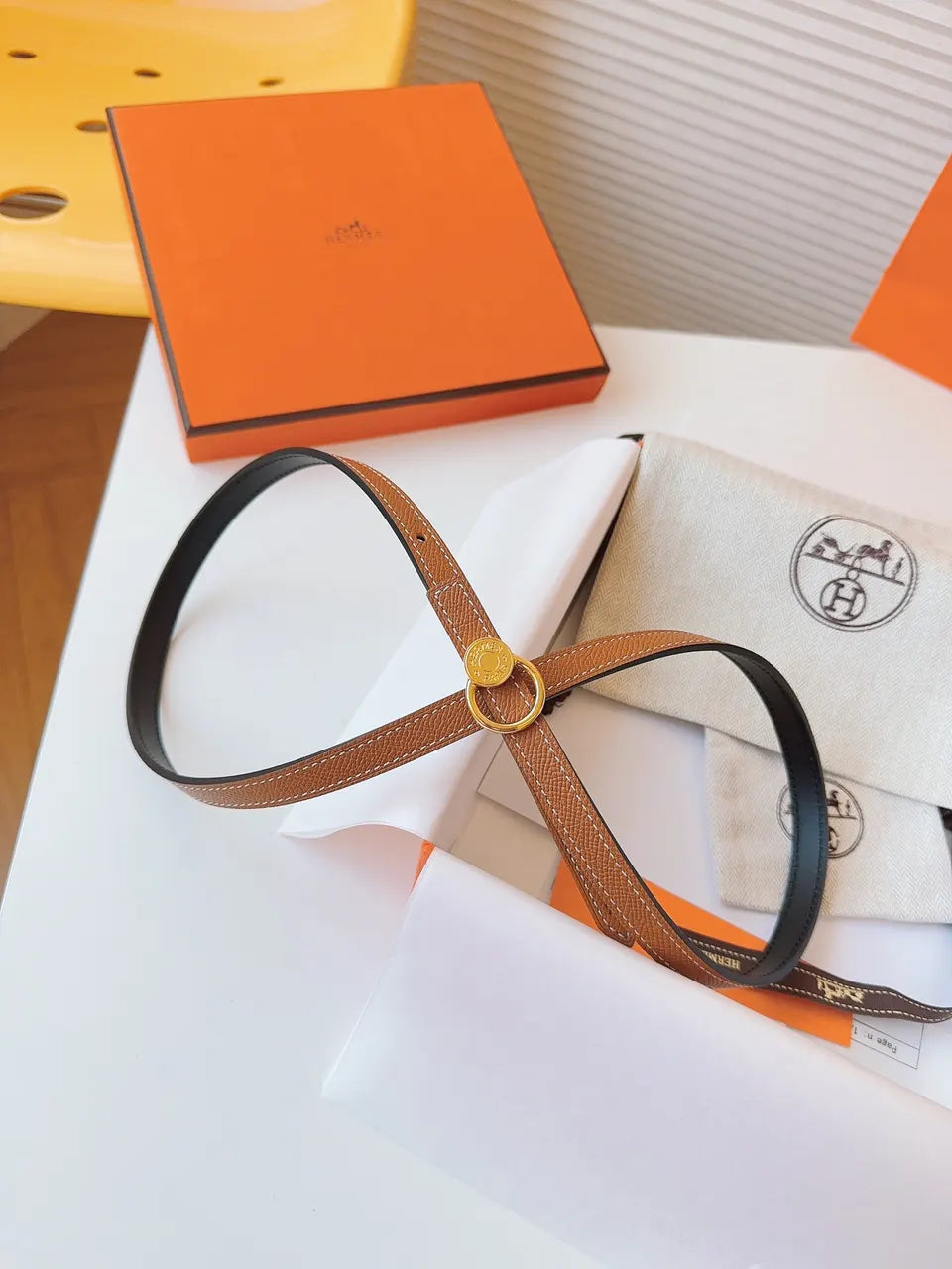 Hermes Gold Brown Leather Belt - Hình 4