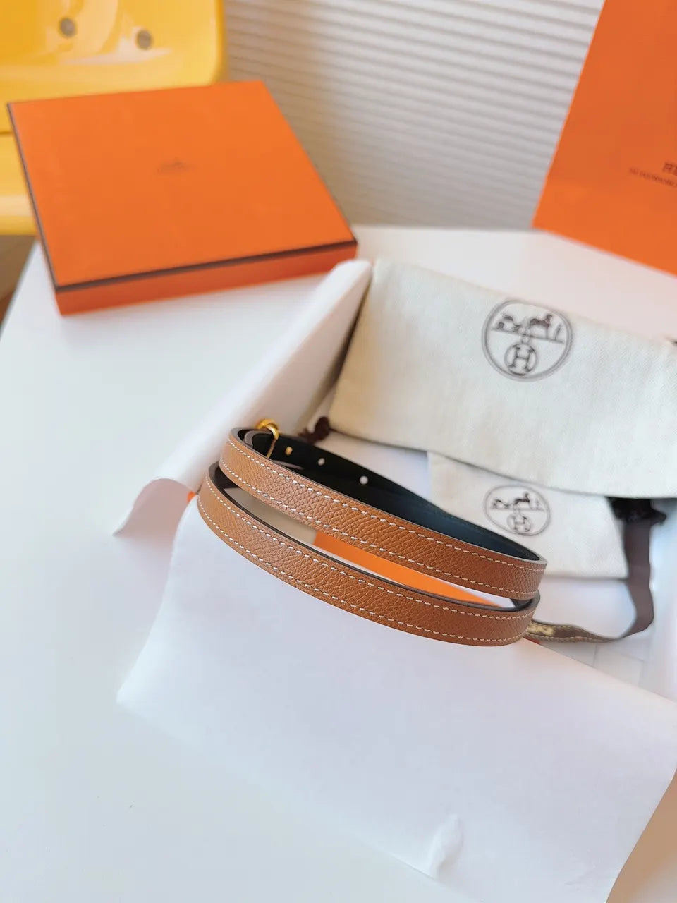 Hermes Gold Brown Leather Belt - Hình 9