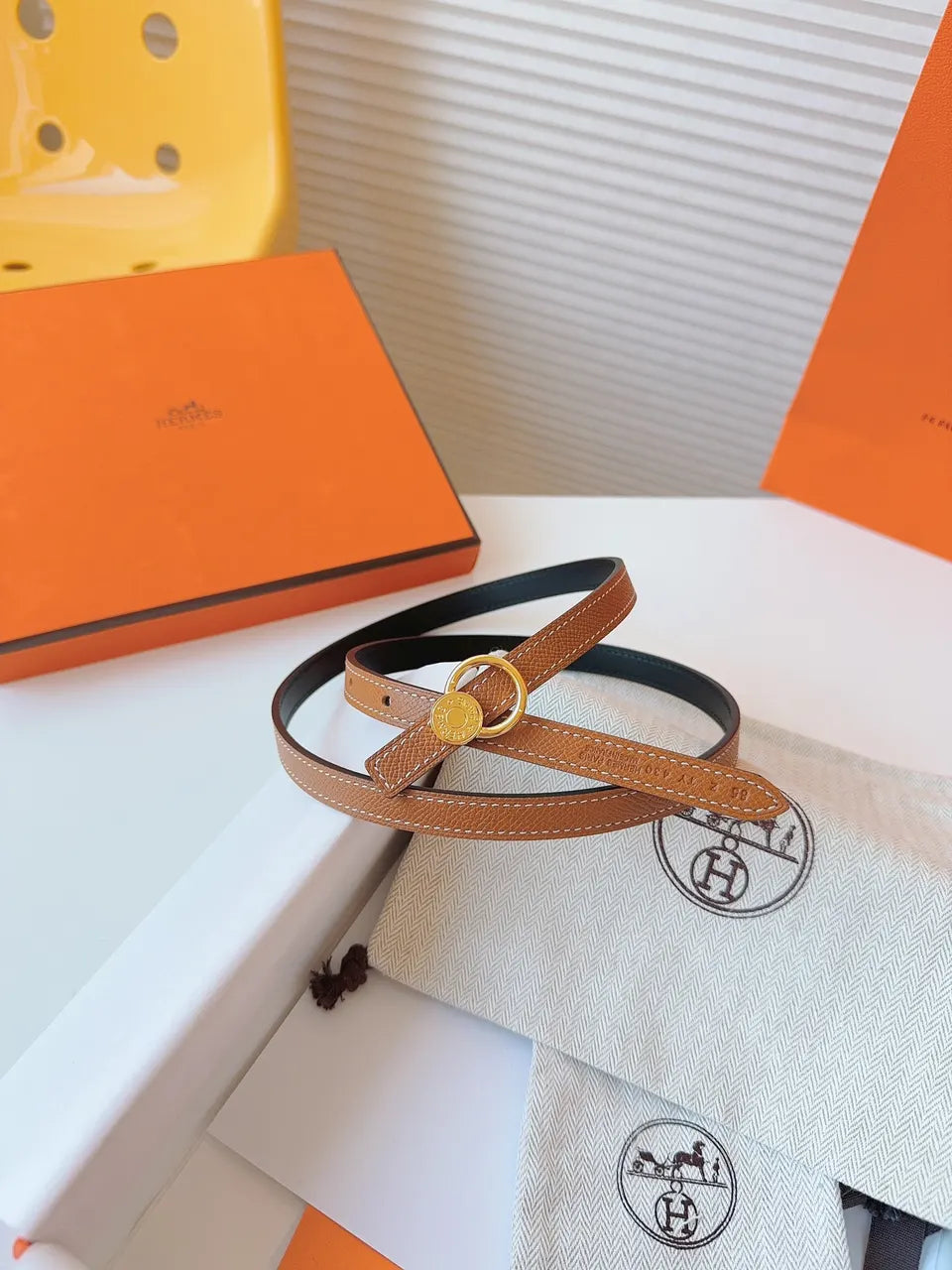 Hermes Gold Brown Leather Belt - Hình 5