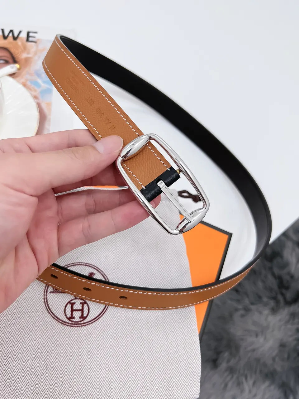 silver rectangular Hermes Gold Togo Leather Belt