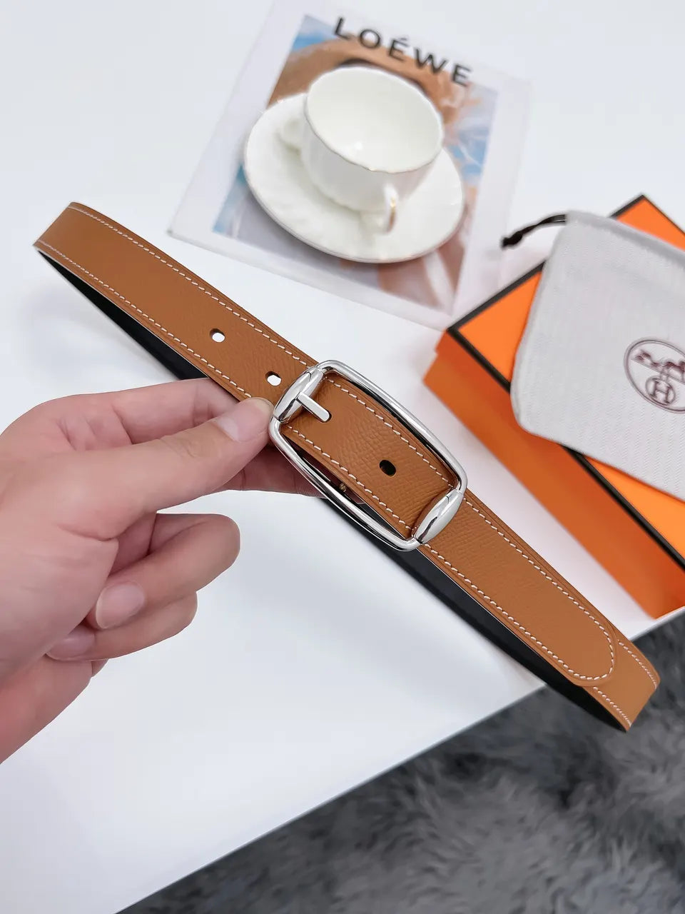 silver rectangular Hermes Gold Togo Leather Belt - Hình 6