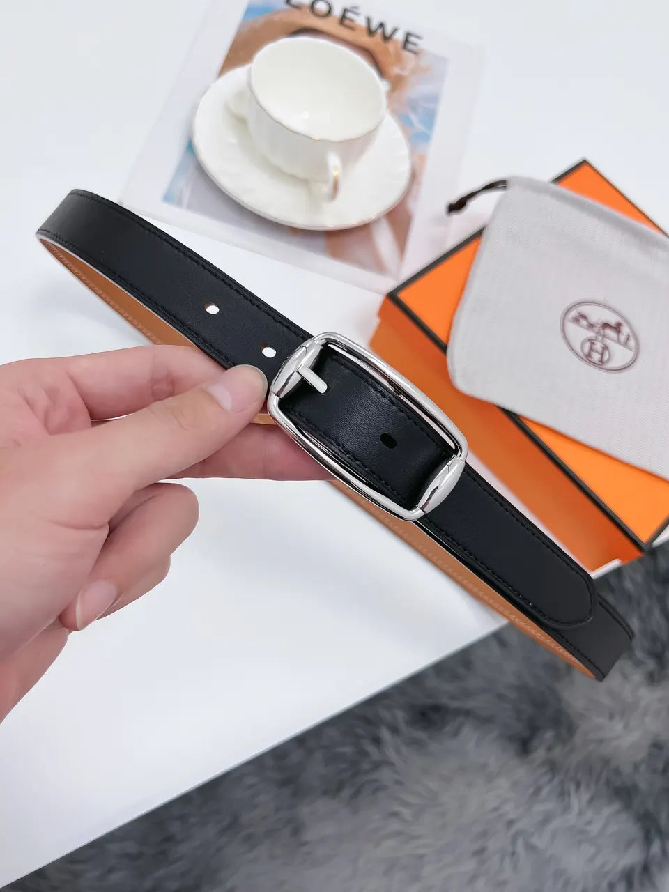 silver rectangular Hermes Gold Togo Leather Belt - Hình 7