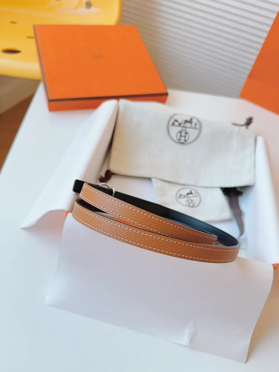 Hermes Tan Leather Bracelet Belt - Hình 9