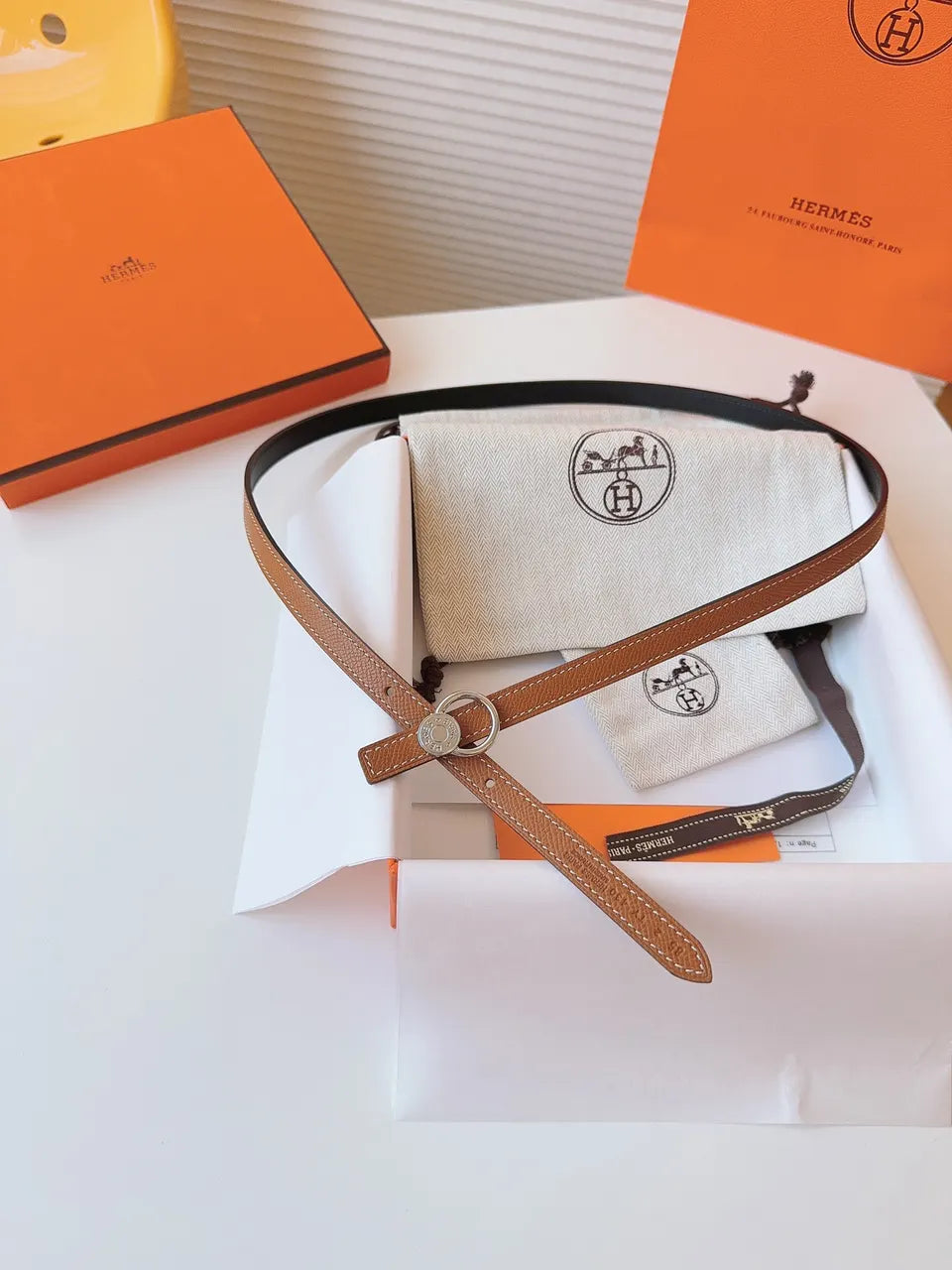 Hermes Tan Leather Bracelet Belt - Hình 4