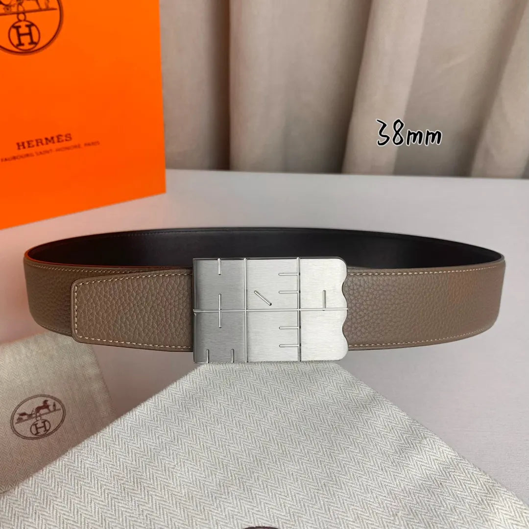 silver buckle Hermes Taupe Leather Belt