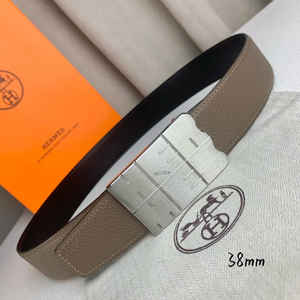 silver buckle Hermes Taupe Leather Belt - Hình 3