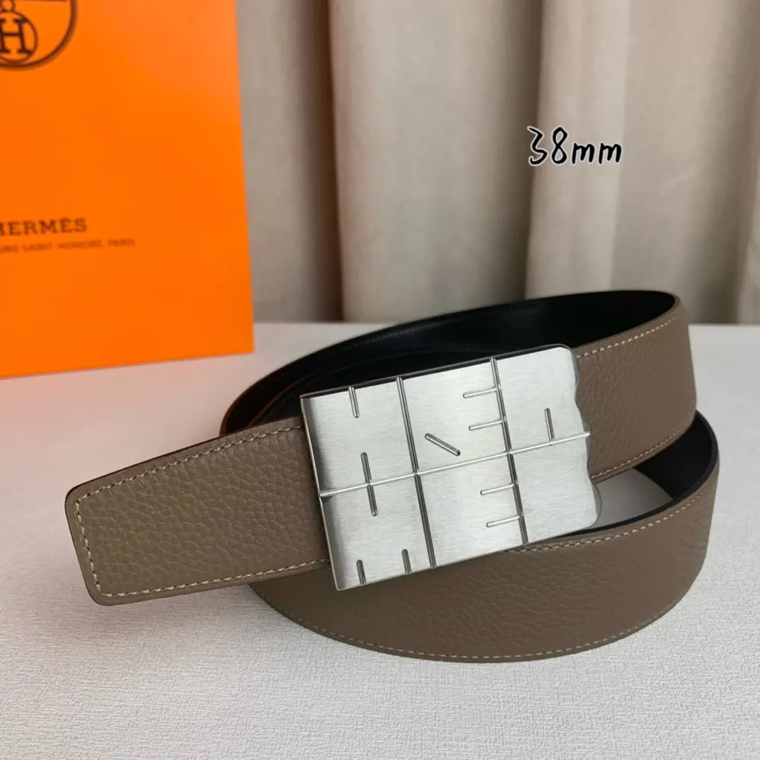silver buckle Hermes Taupe Leather Belt - Hình 2