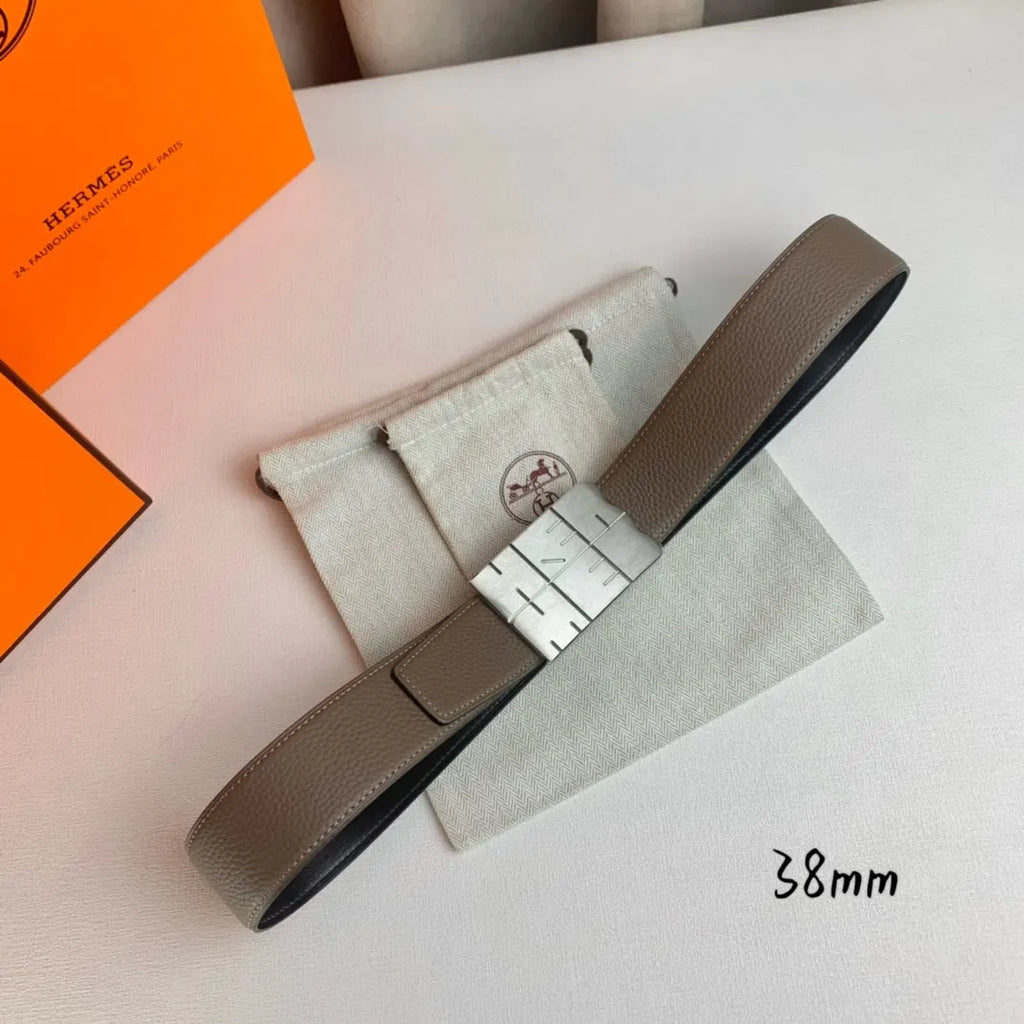 silver buckle Hermes Taupe Leather Belt - Hình 5