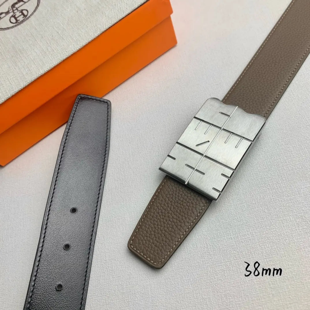 silver buckle Hermes Taupe Leather Belt - Hình 4