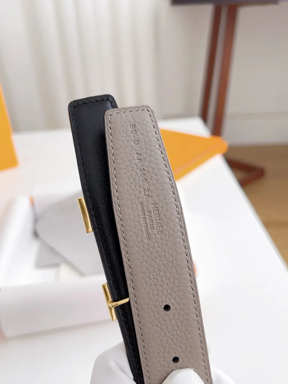 gold buckle Hermes Taupe Leather Belt - Hình 7