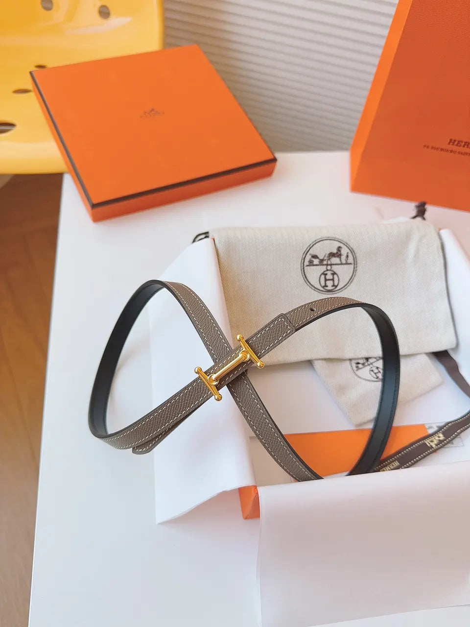 Hermes Etoupe Leather Belt gold - Hình 6