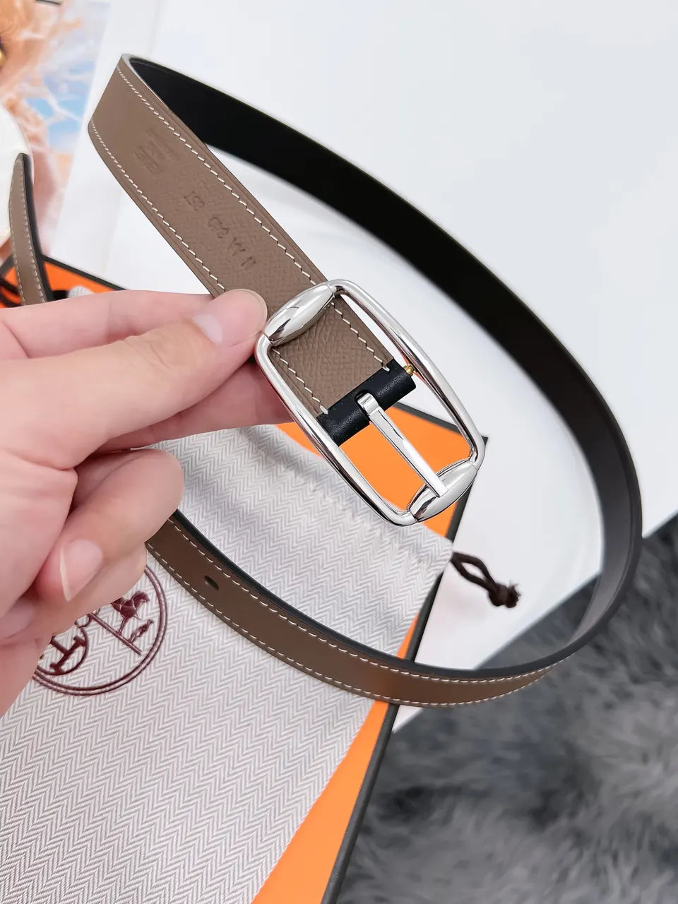 Hermes Taupe Reversible Leather Belt