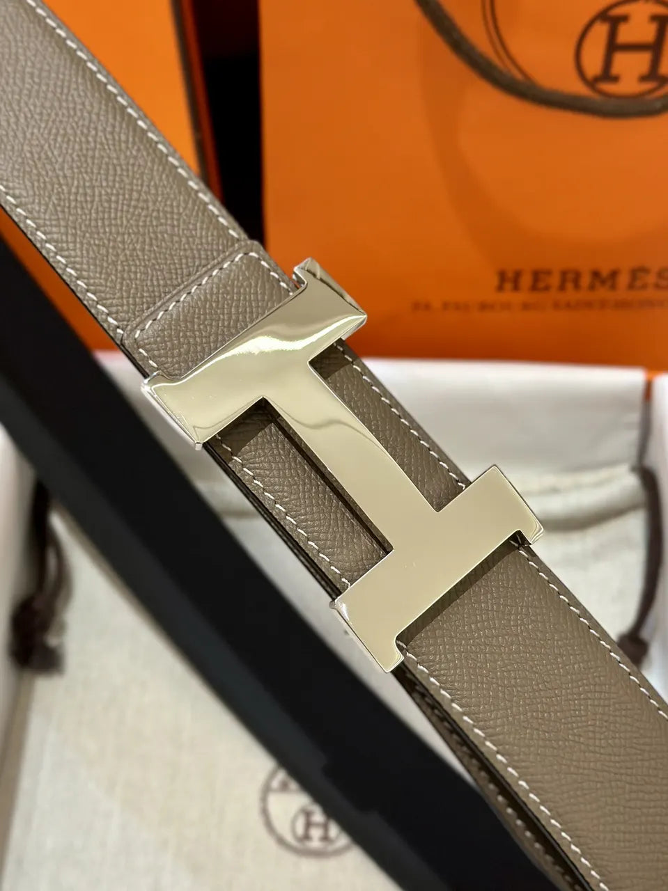 Hermes Taupe Leather Belt Silver H Buckle - Hình 3
