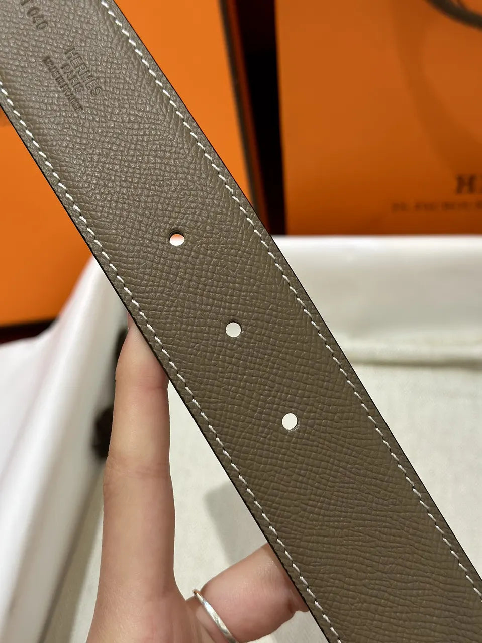 Hermes Taupe Leather Belt Silver H Buckle - Hình 4