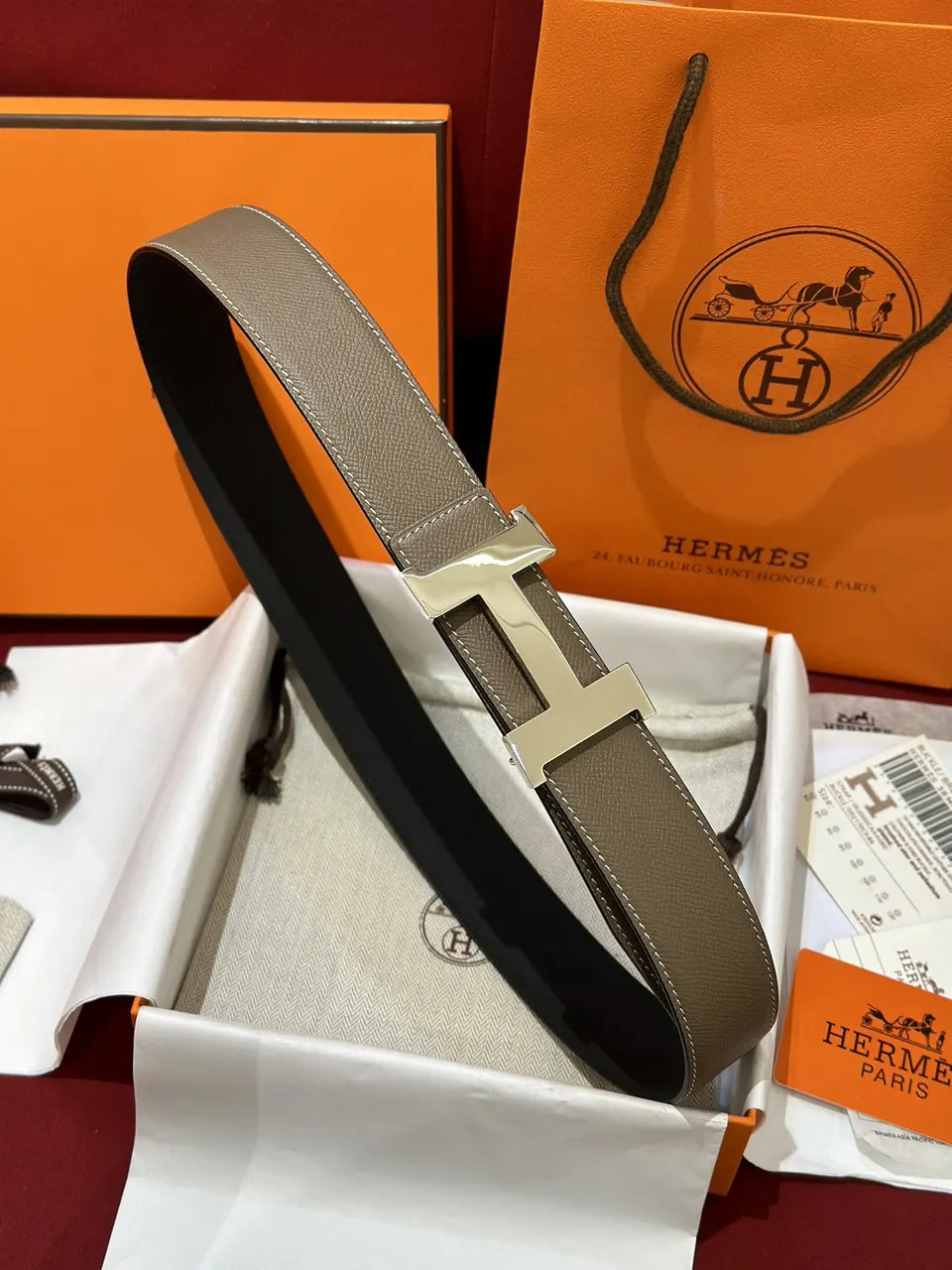 Hermes Taupe Leather Belt Silver H Buckle - Hình 2