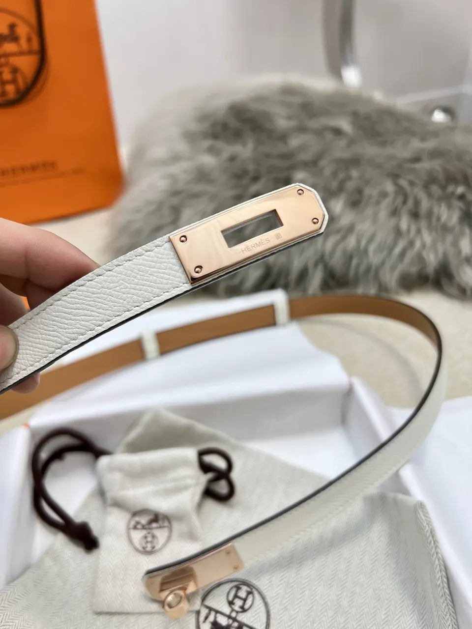 Hermes White Epsom Belt Rose Gold - Hình 3