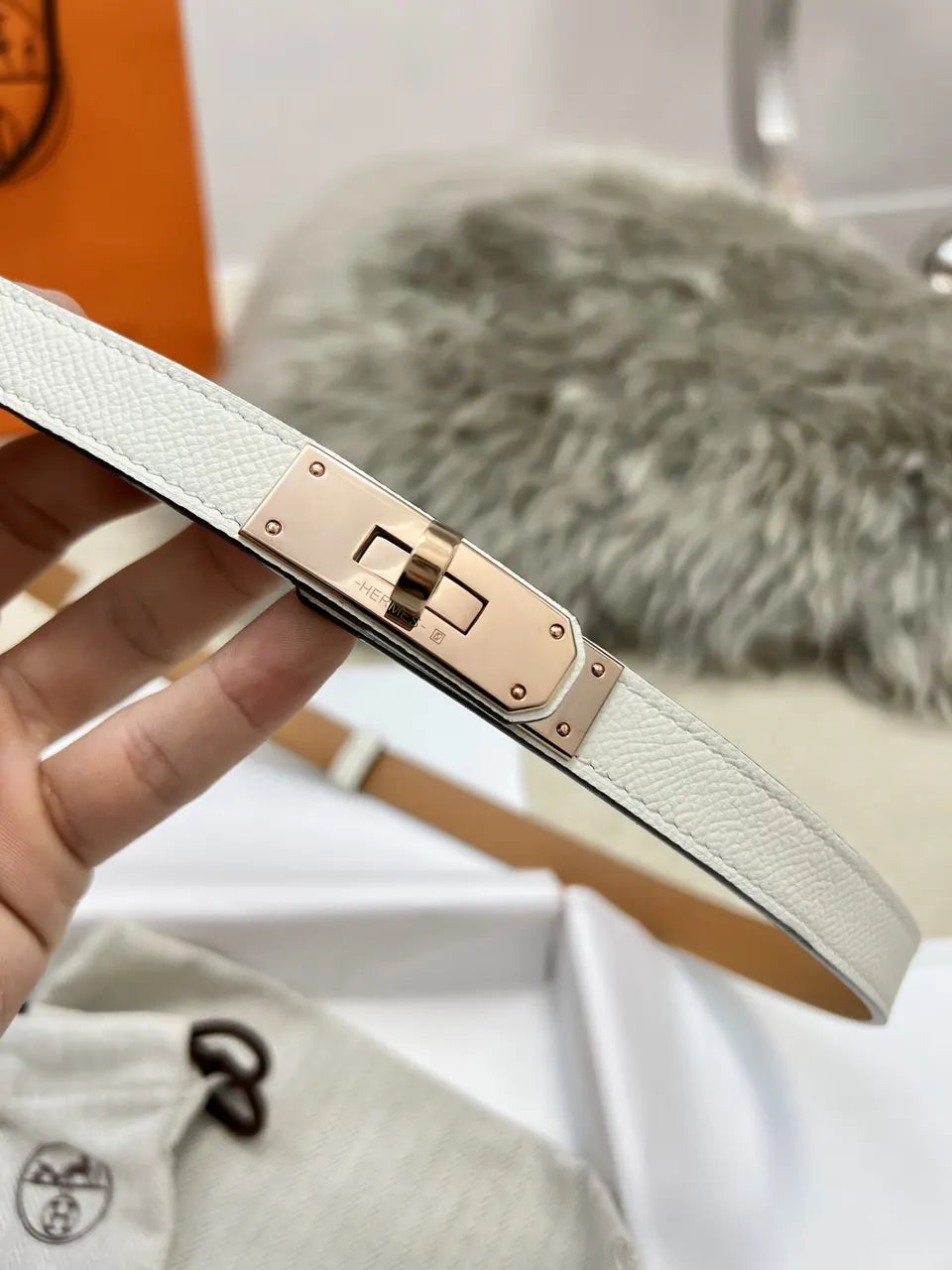 Hermes White Epsom Belt Rose Gold - Hình 2