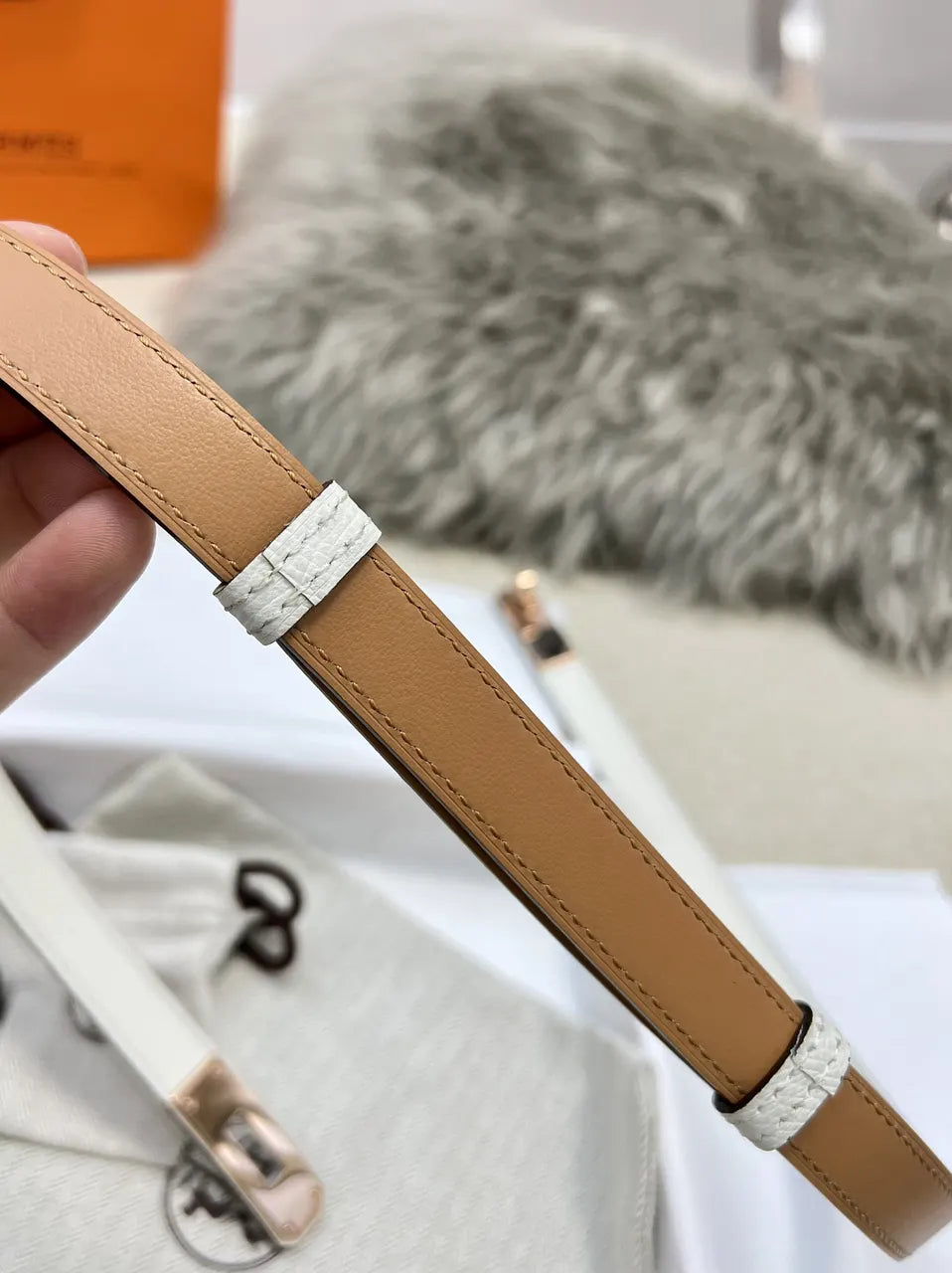 Hermes White Epsom Belt Rose Gold - Hình 6