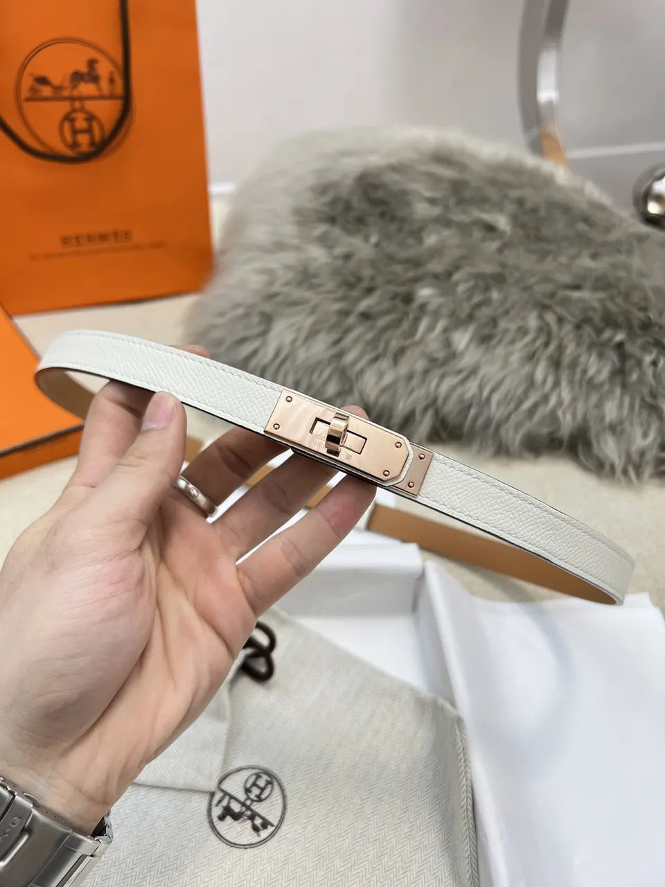 Hermes White Epsom Belt Rose Gold