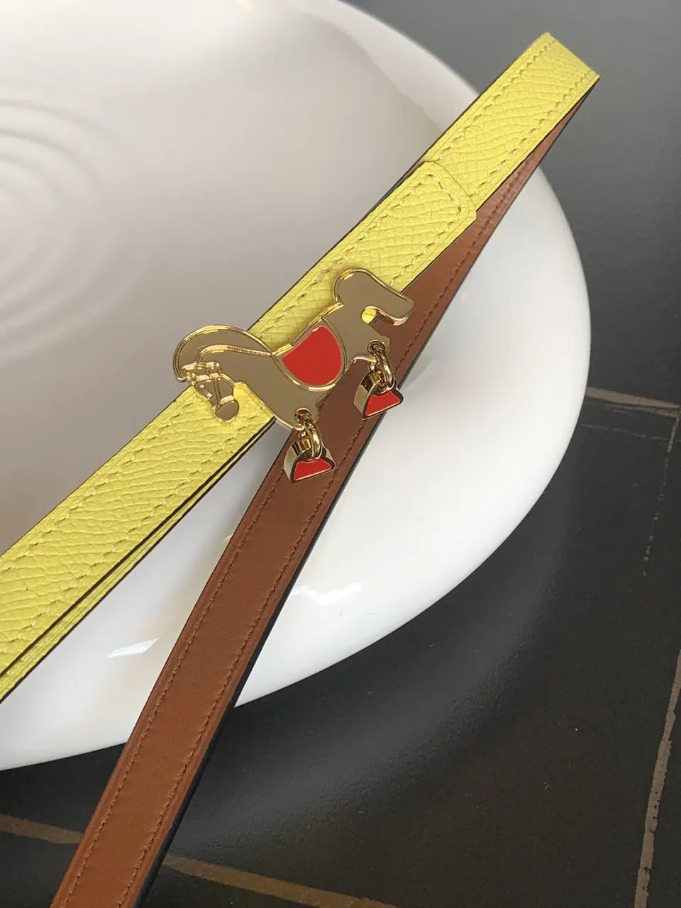 Hermes Lemon Yellow Horse Buckle Belt - Hình 4
