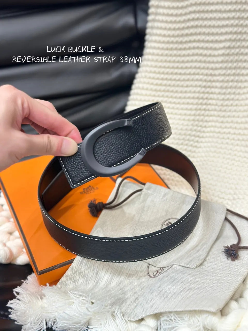 luck Hermes Black Reversible Leather Belt