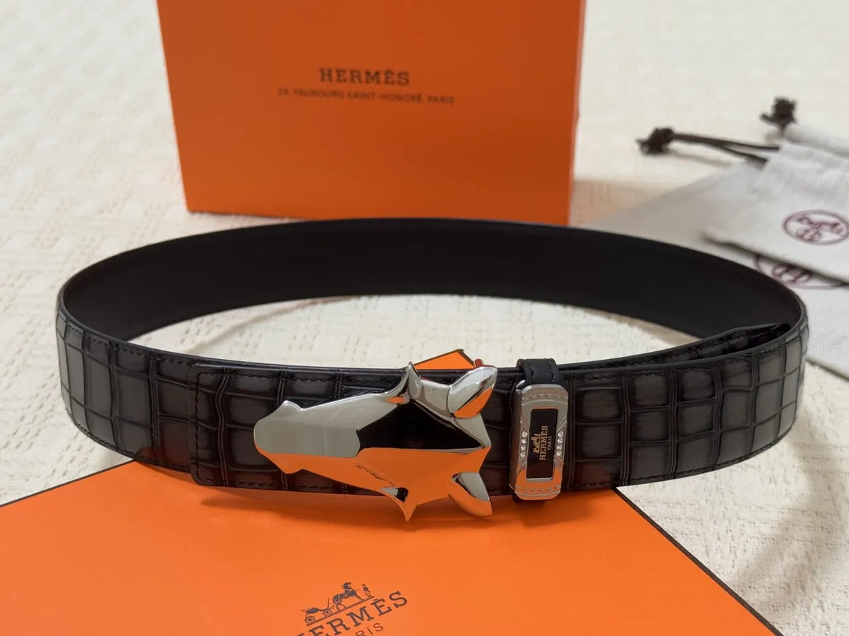 silver bull Hermes Black Alligator Belt - Hình 3