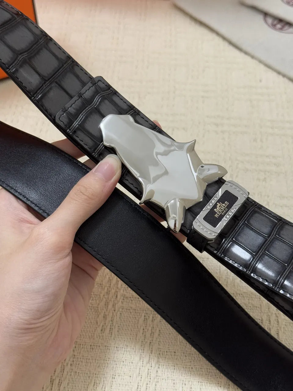 silver bull Hermes Black Alligator Belt - Hình 5