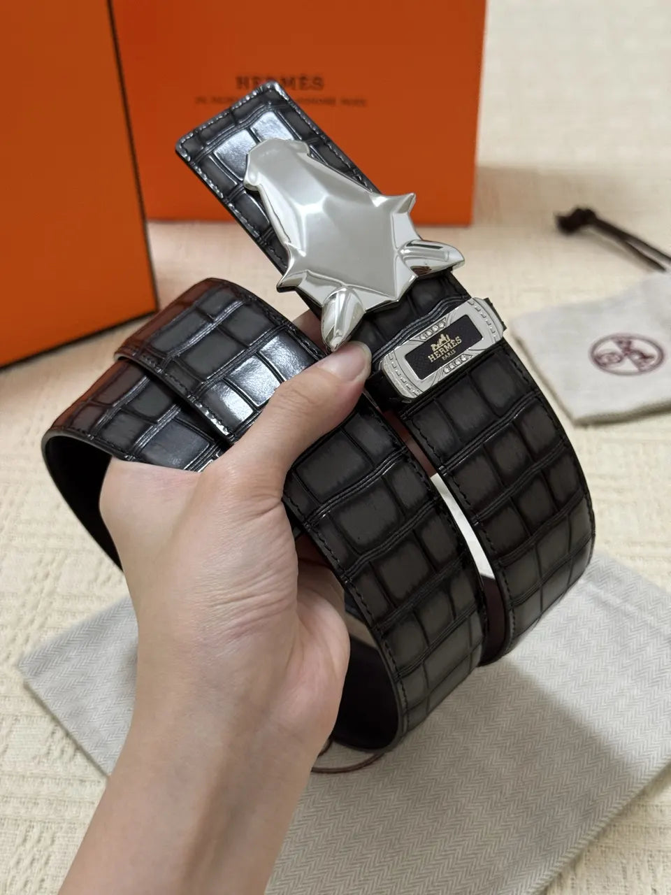 silver bull Hermes Black Alligator Belt - Hình 7