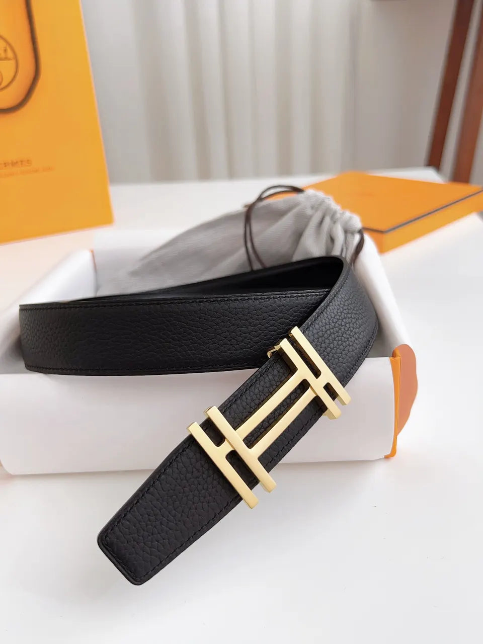 gold buckle Hermes Black Grained Leather Belt